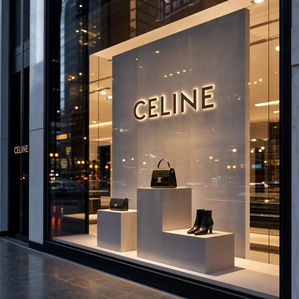Premium brand logo integrated into elegant storefront window display, city lights reflecting on glass, luxury retail env