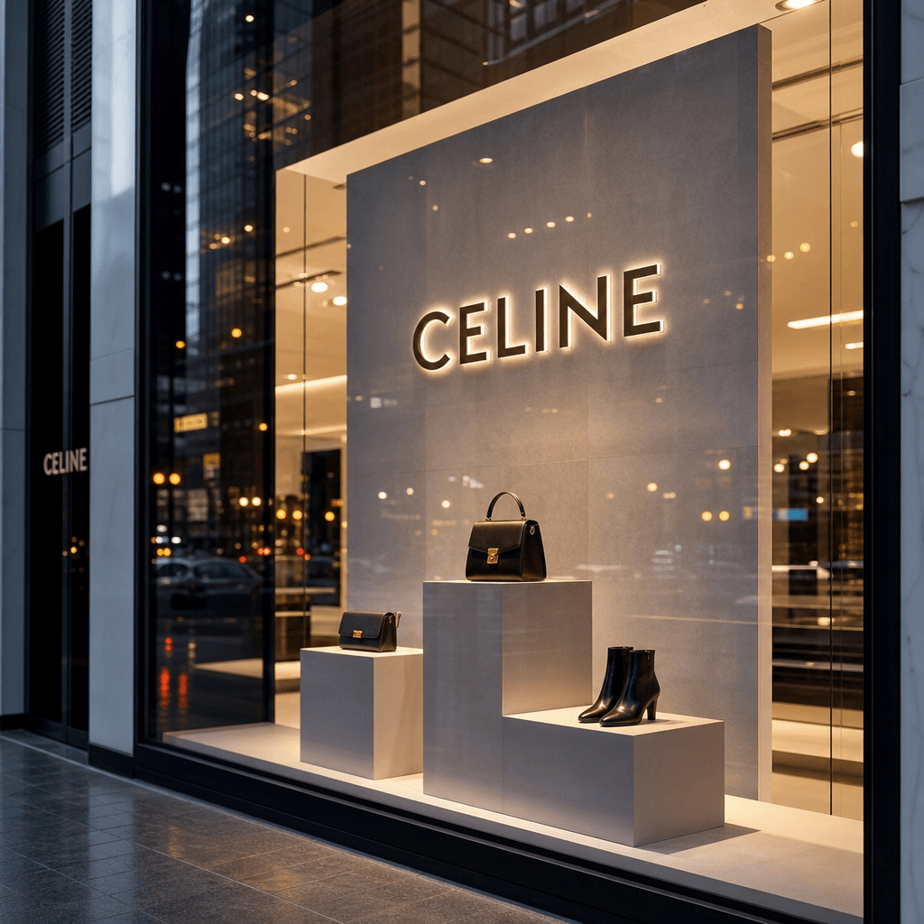 Premium brand logo integrated into elegant storefront window display, city lights reflecting on glass, luxury retail env