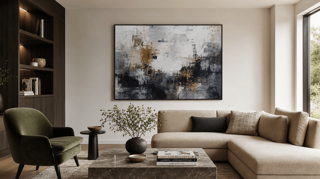Interior room with artwork displayed on wall, realistic lighting and shadows, professional interior design composition,