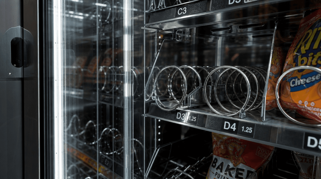 Metal and glass vending machine interior close-up, reflections and refractions, industrial material textures, lighting h