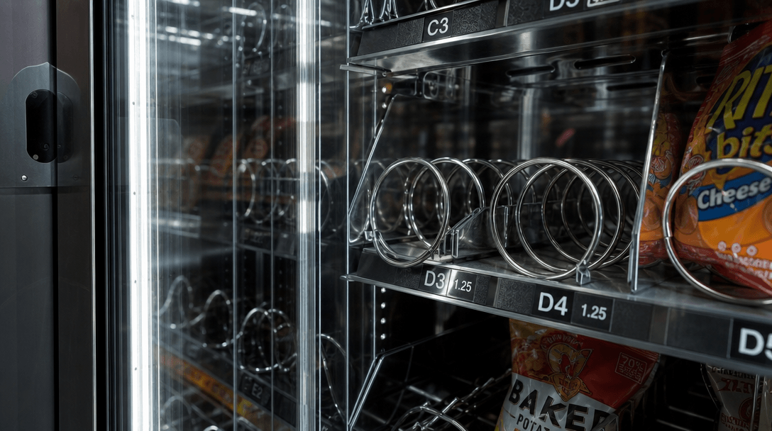 Metal and glass vending machine interior close-up, reflections and refractions, industrial material textures, lighting h