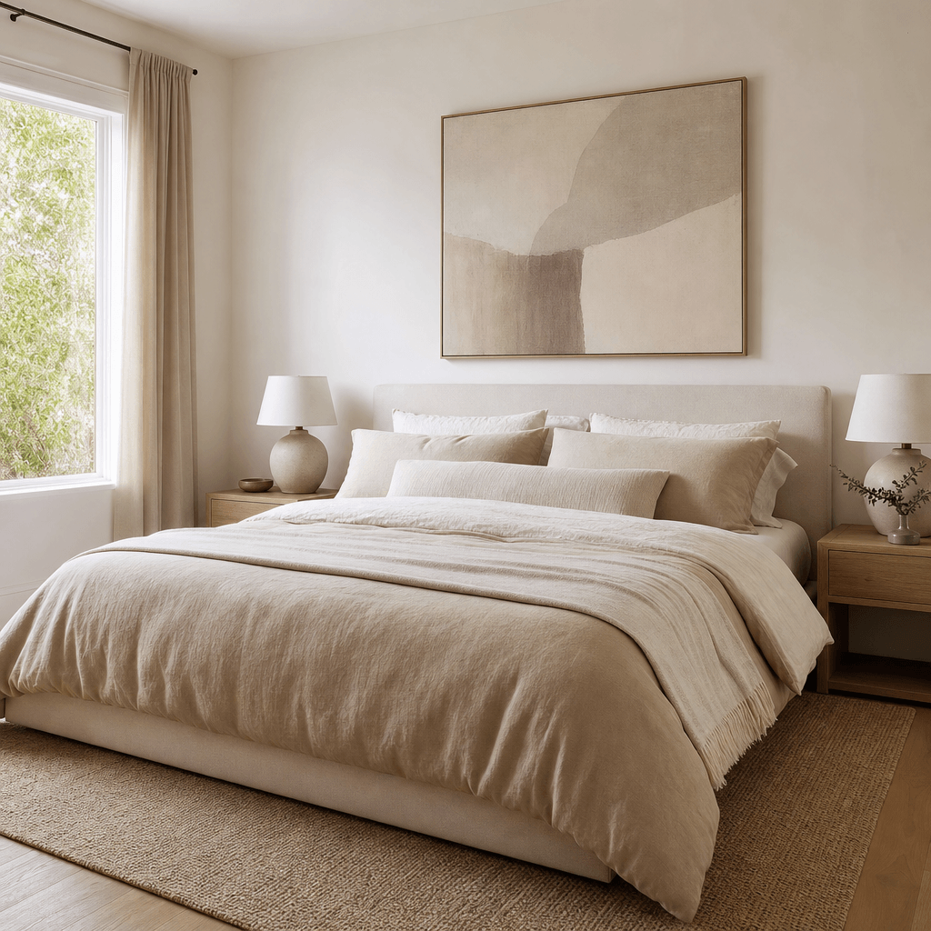 AI virtual staging output of a minimalist master bedroom — king-sized bed with layered linen bedding in sand and ivory,