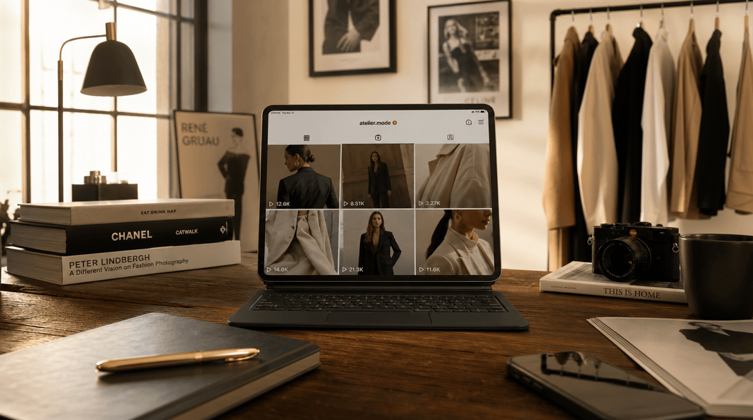 Social media content showcase: vintage wooden design desk with sleek tablet or laptop displaying fashion video thumbnail
