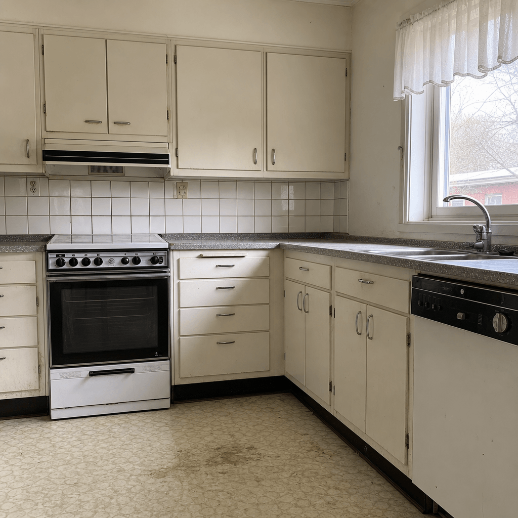 Photorealistic AI-generated 'before' version of a Scandinavian kitchen — worn painted wooden cabinet doors, original sma