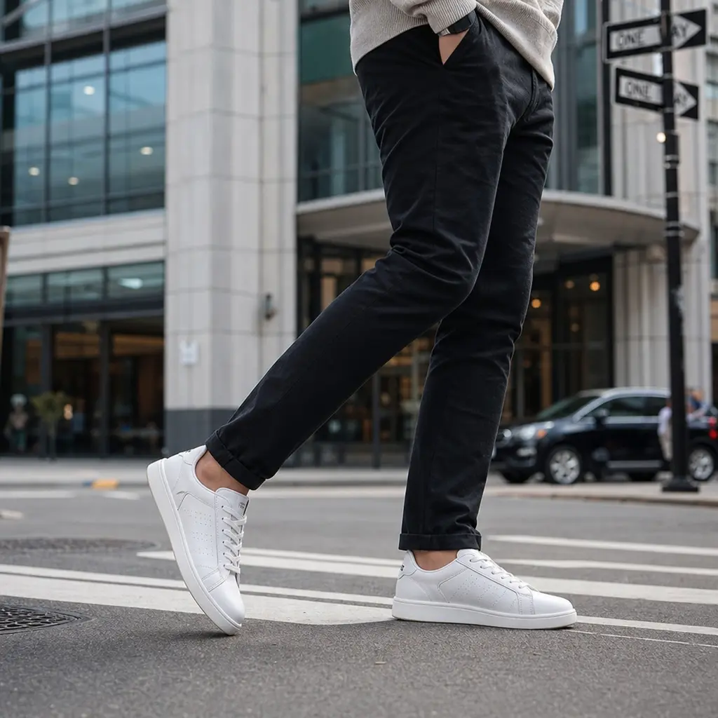 Stylish white sneaker worn on feet walking through modern urban street. Natural daylight, casual lifestyle pose, urban a