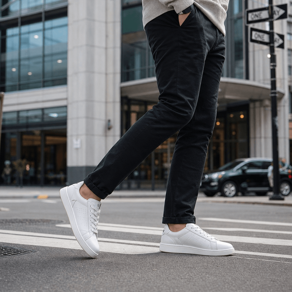 Stylish white sneaker worn on feet walking through modern urban street. Natural daylight, casual lifestyle pose, urban a