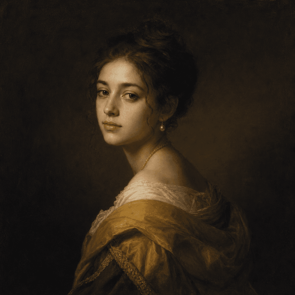 Classical portrait in the style of Old Masters with delicate brushwork, muted sophisticated color palette, dark backgrou