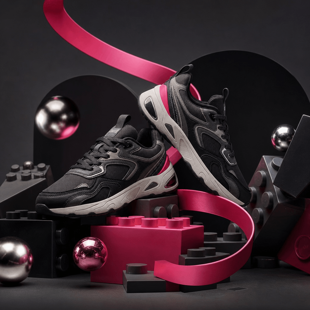 A pair of modern sneakers arranged inside a playful sculptural scene with oversized building blocks, metallic spheres, a