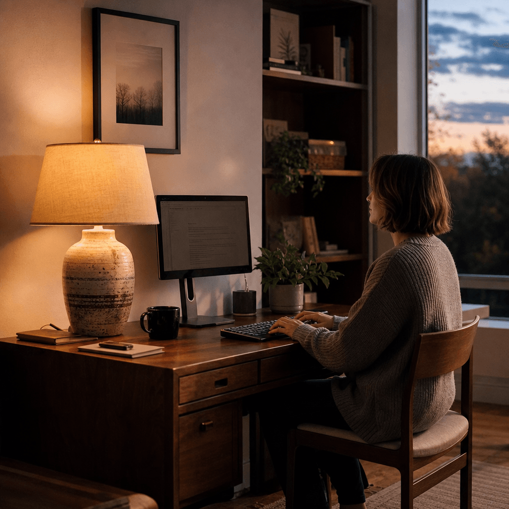 Home office nook with a mid-century walnut desk and ceramic table lamp. A figure types at a keyboard, face partially tur