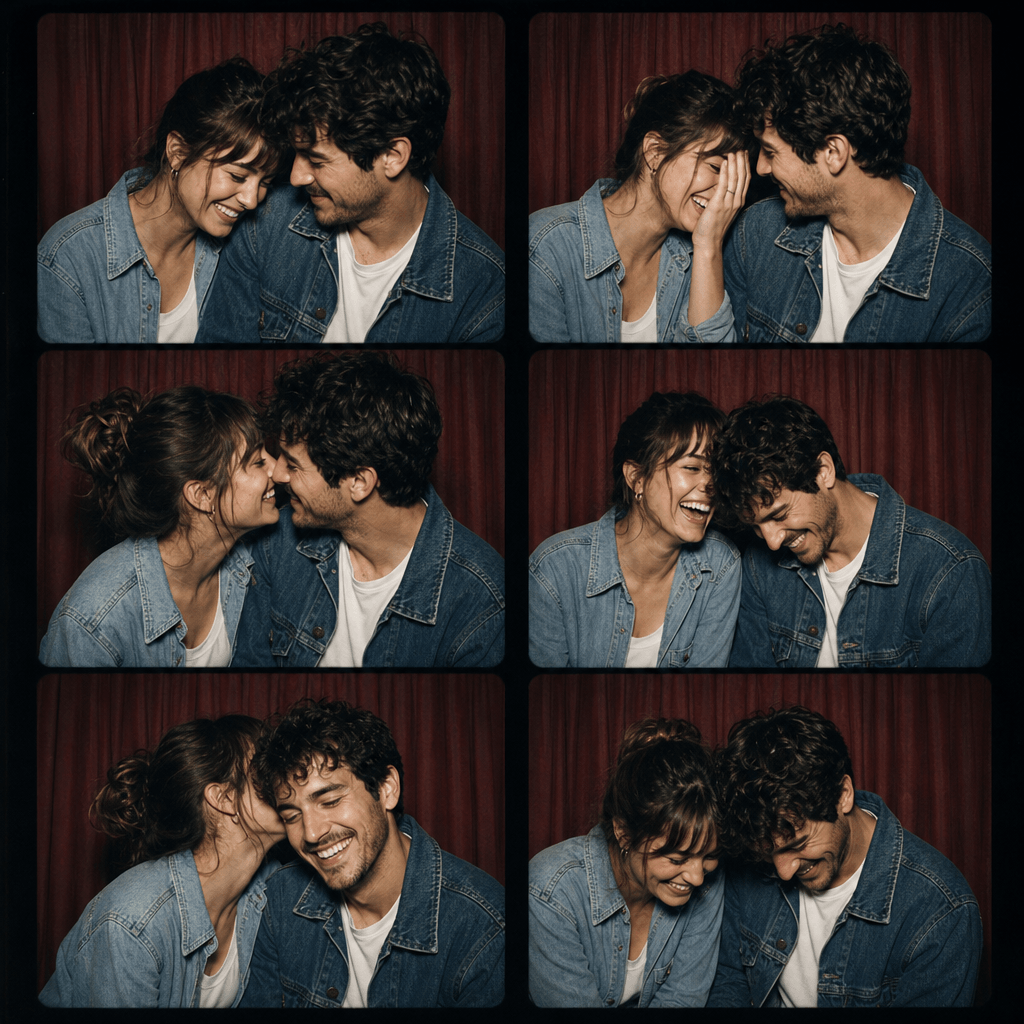 A six-shot photo booth strip showing an anonymous adult couple on a nostalgic date, wearing casual denim and neutral shi