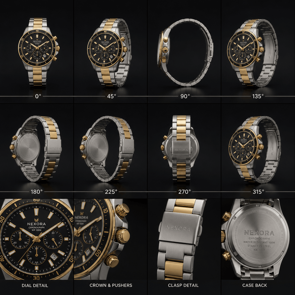 Complete 360° rotation of premium product, all details visible, high-quality video frame.