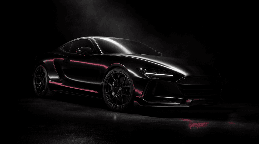 A black performance car emerging from deep shadow on a seamless near-black studio stage, one narrow beam of white light