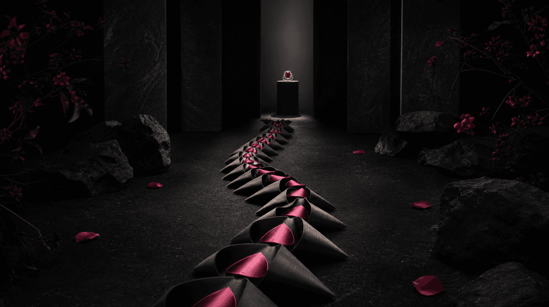 A carefully arranged sequence of folded petals forming a precise pathway toward a single illuminated jewelry pedestal, v