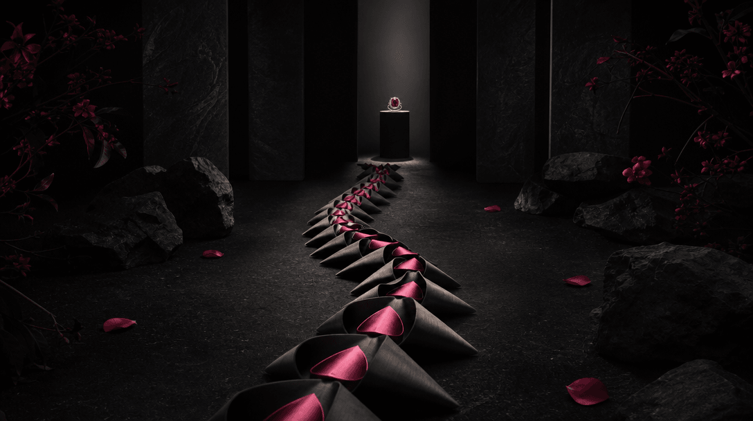 A carefully arranged sequence of folded petals forming a precise pathway toward a single illuminated jewelry pedestal, v