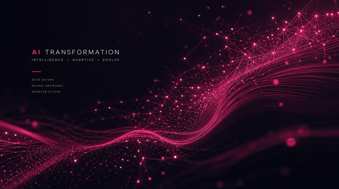 Abstract digital neural network visualization, flowing hot pink accent lines on deep dark background, AI transformation