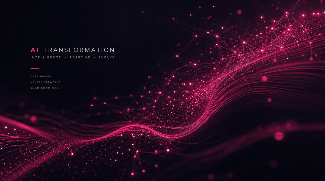 Abstract digital neural network visualization, flowing hot pink accent lines on deep dark background, AI transformation
