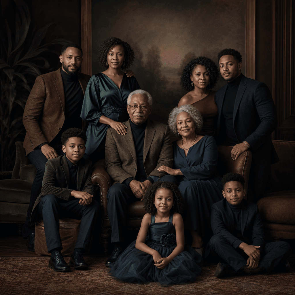 Multi-generation family portrait with different family arrangement. Artistic composition emphasizing family connection.