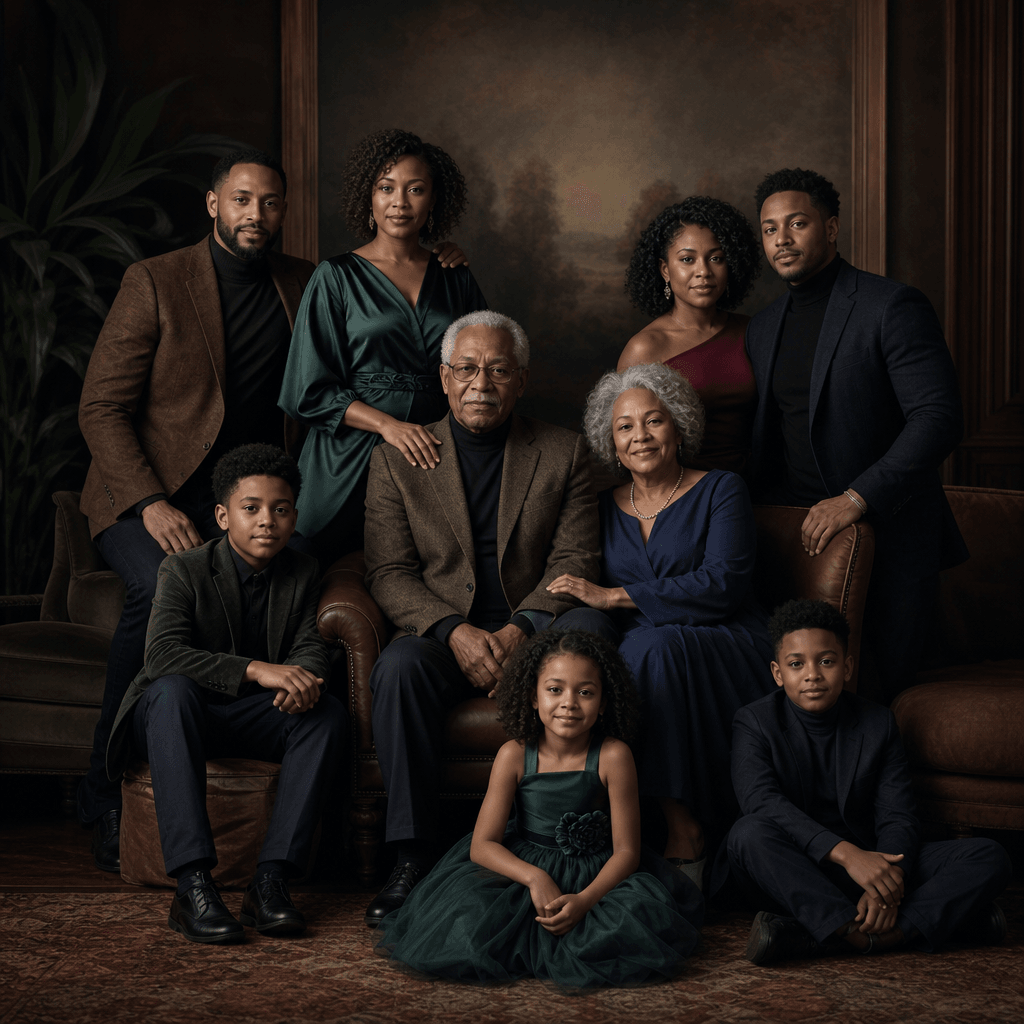 Multi-generation family portrait with different family arrangement. Artistic composition emphasizing family connection.
