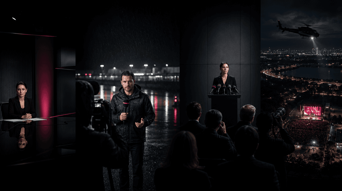 One continuous wide scene transitioning between a minimal newsroom, rainy field report, stark press conference, and aeri