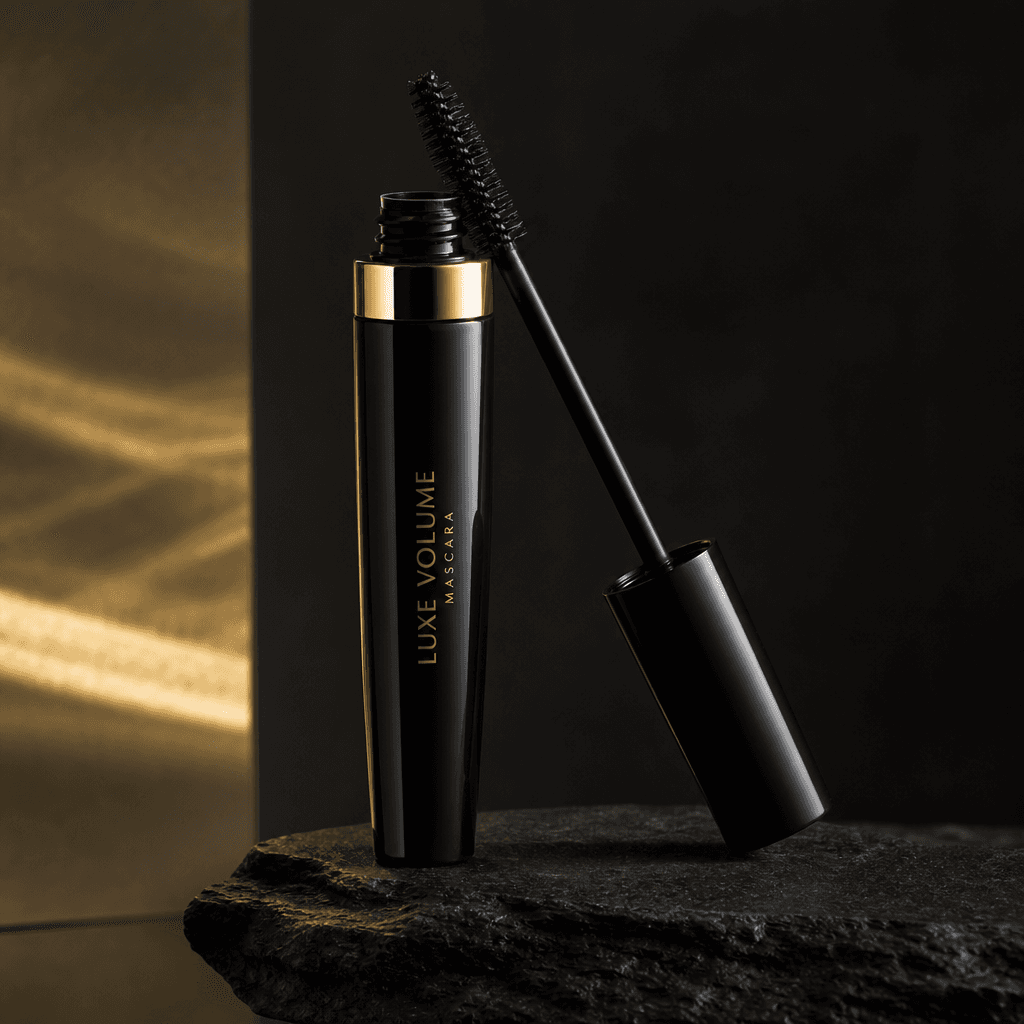 Mascara or lip product hero shot with dramatic side lighting, dark elegant background, luxury editorial photography styl