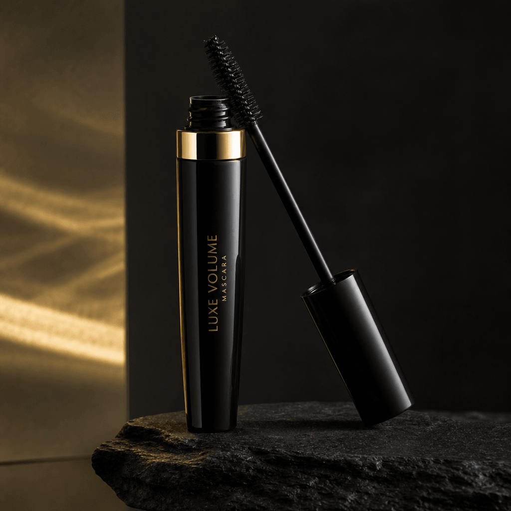 Mascara or lip product hero shot with dramatic side lighting, dark elegant background, luxury editorial photography styl