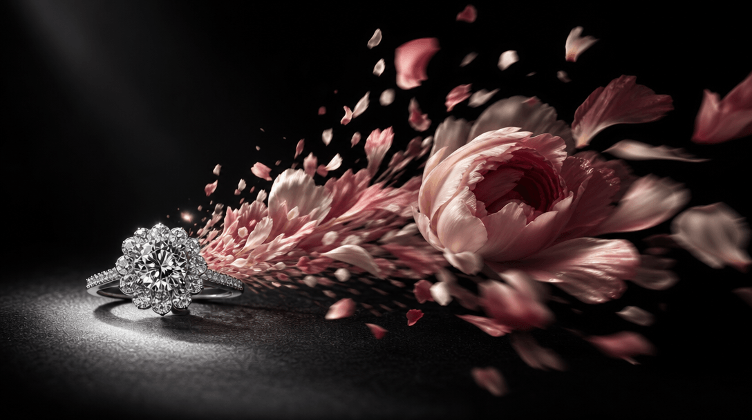 A static diamond ring transitioning conceptually into motion through a sweeping trail of opening petals, shown as one se