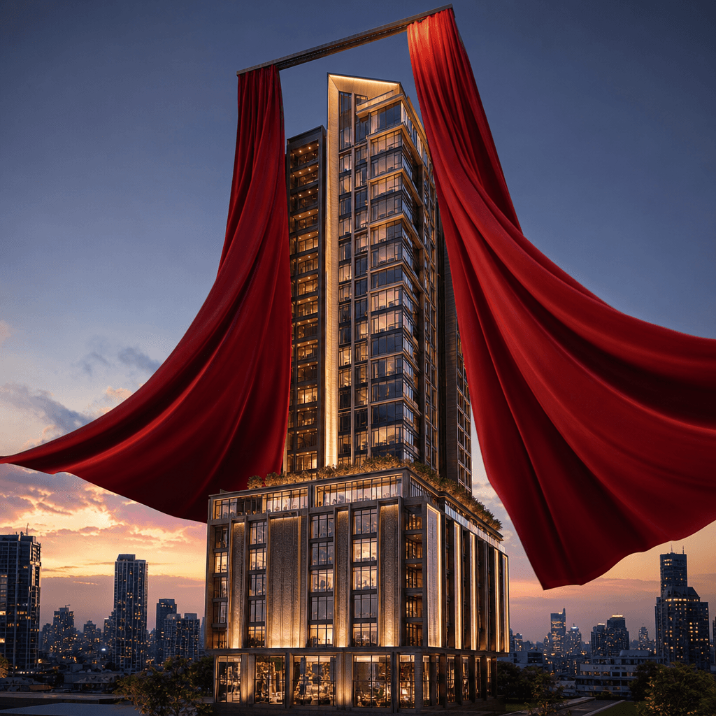 A mixed-use urban development tower — photorealistic CGI render with detailed facade panels — at the exact reveal moment