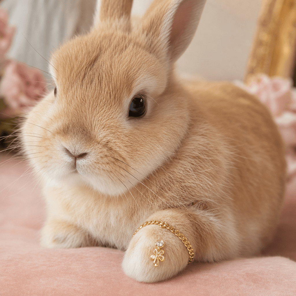 Gold bracelet on rabbit's paw, soft lighting, adorable pet product shot, professional styling, jewelry details prominent