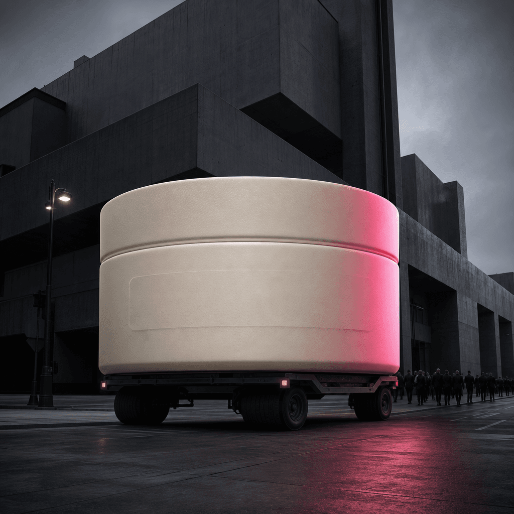 A minimalist moisturizer jar enlarged into a surreal mobile street advertisement moving past brutalist architecture. Cin