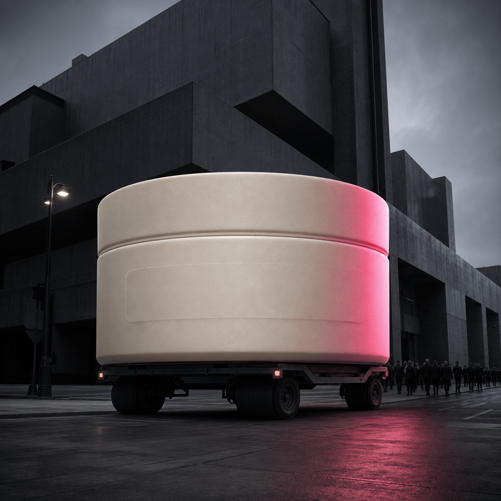 A minimalist moisturizer jar enlarged into a surreal mobile street advertisement moving past brutalist architecture. Cin