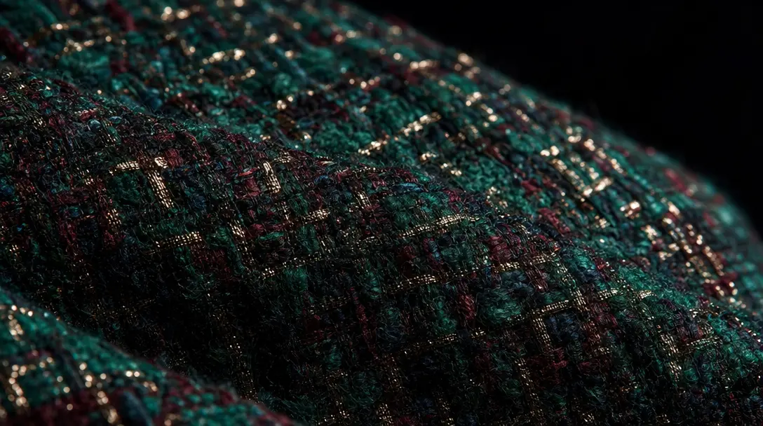 Extreme macro close-up of couture fabric: structured tweed with intricate multi-tone weave, dramatic raking side light r
