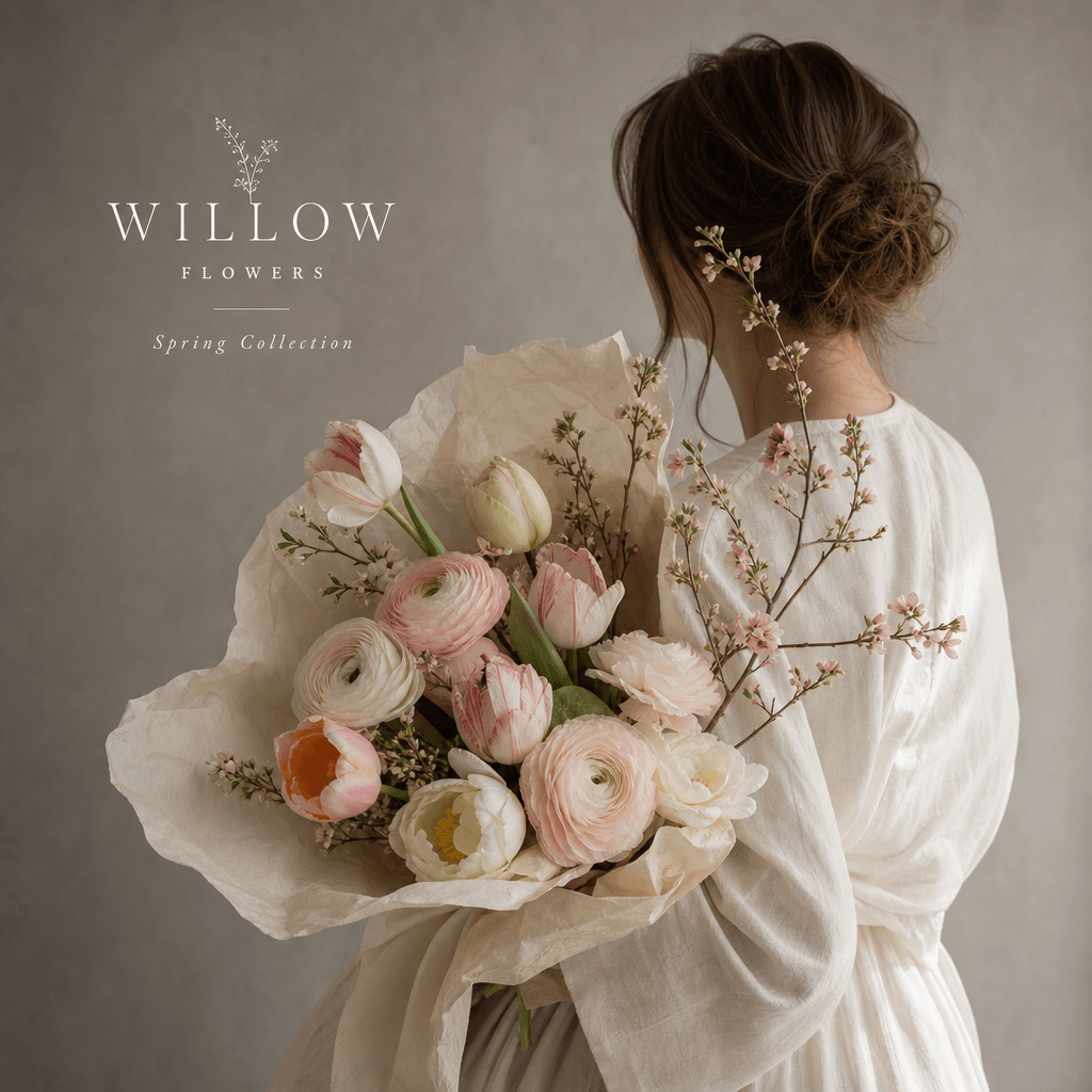 Square spring floral advertisement with an anonymous model in soft off-white clothing carrying a loose pastel bouquet of