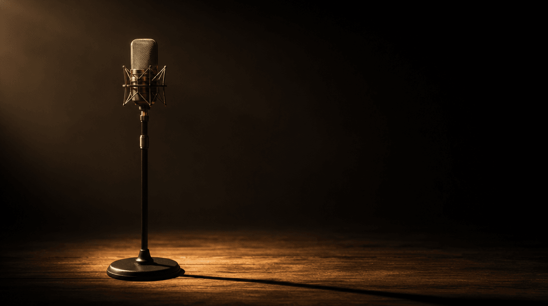 Dark studio environment with dramatic side lighting, professional microphone stand with long shadows, warm color tempera