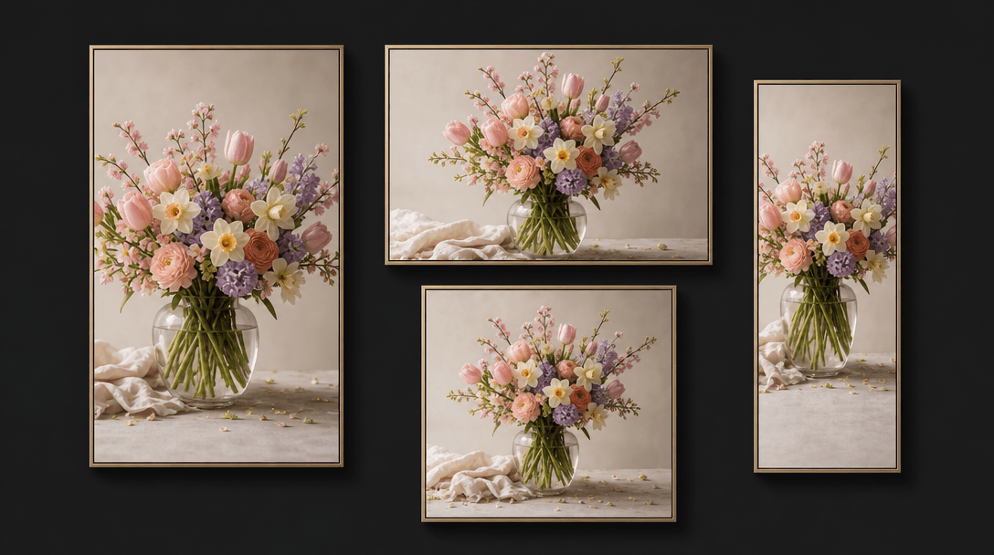Product layout: four identical spring bouquet photographs presented in different floating frame proportions on a deep da
