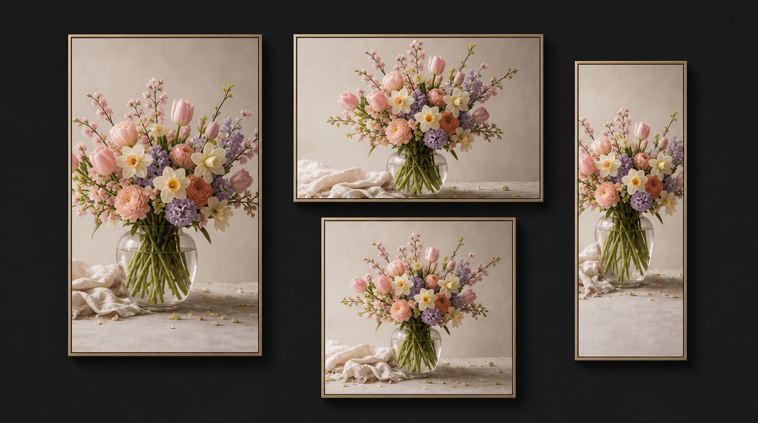 Product layout: four identical spring bouquet photographs presented in different floating frame proportions on a deep da