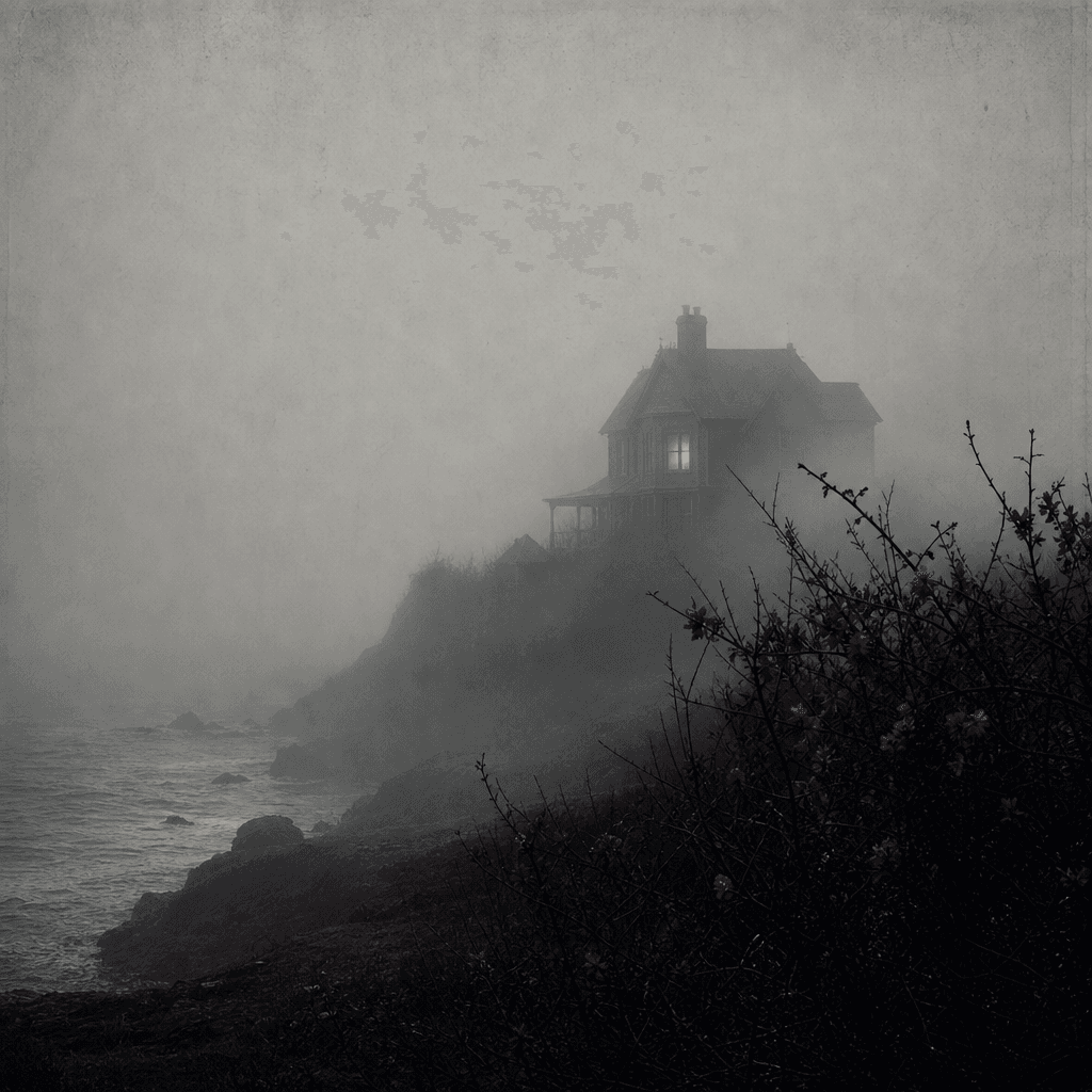 Literary mystery cover concept featuring a solitary coastal house obscured by heavy fog, one warm window glowing through