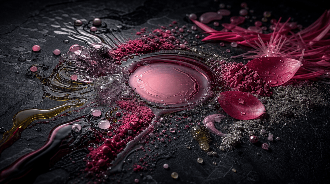 An abstract landscape of botanical oil, mineral powder, translucent gel, petals, and water droplets flowing toward a cen