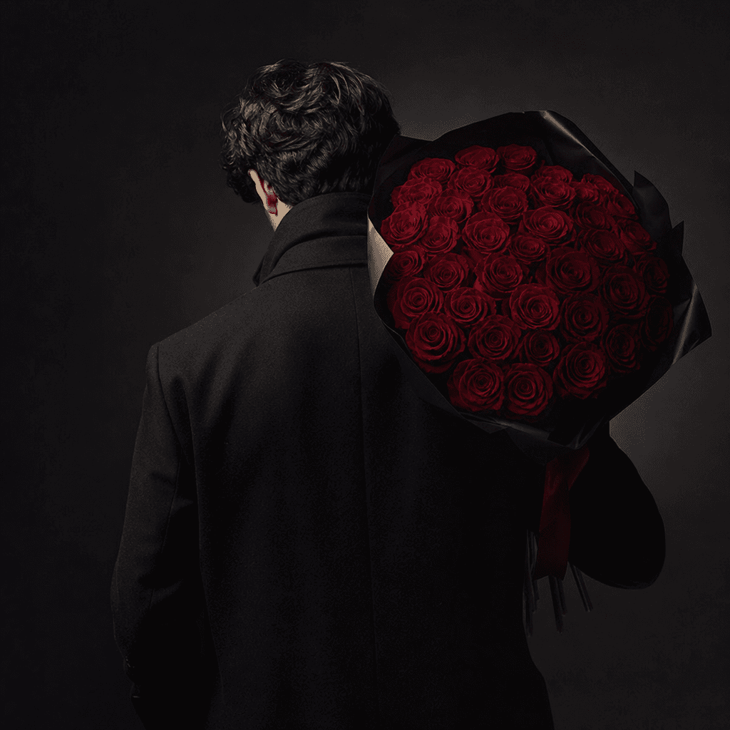 An anonymous man in a black wool coat carrying a romantic bouquet of deep red roses over one shoulder, viewed from behin
