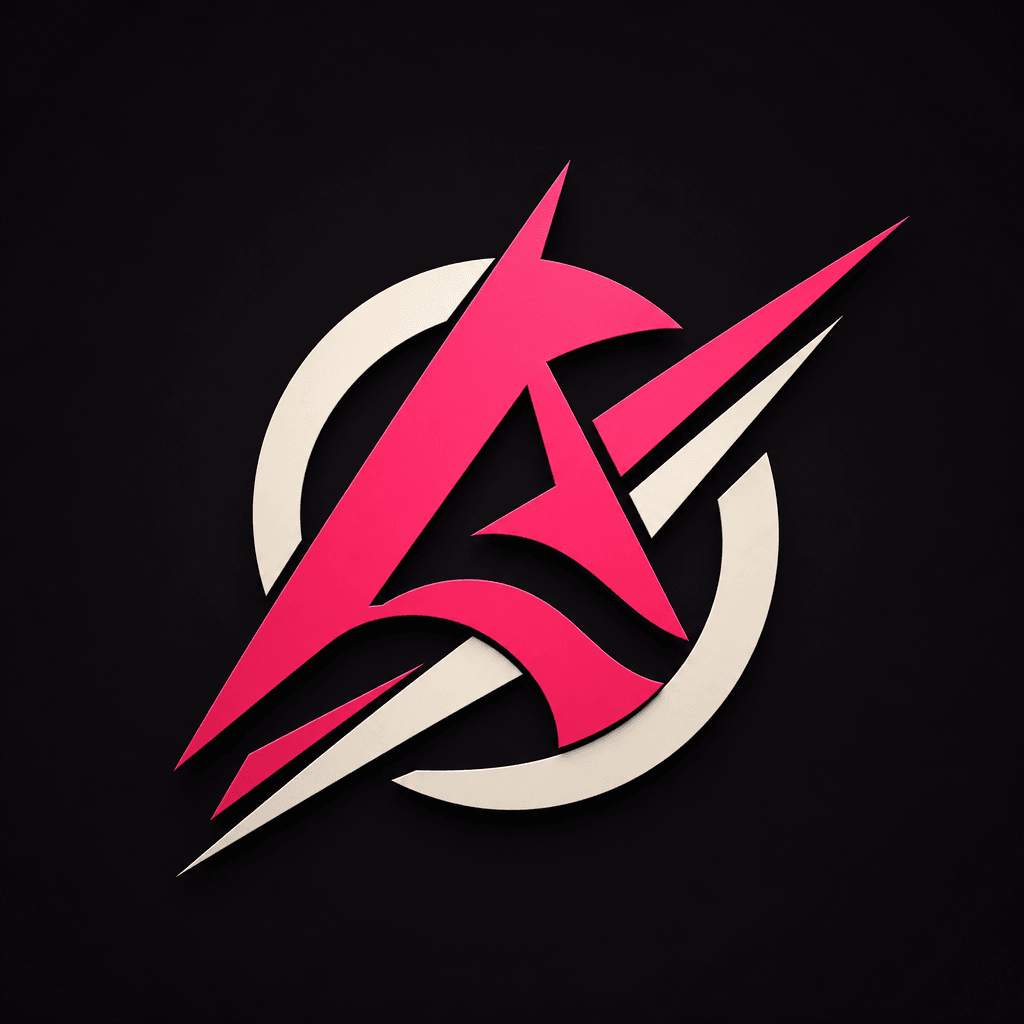 Abstract layered logo design, hot pink and off-white colors on dark background, dynamic composition, modern vector style