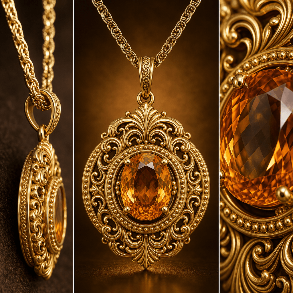 Gold pendant necklace triptych: full pendant centered, chain detail side angle, gemstone close-up macro, three frame com
