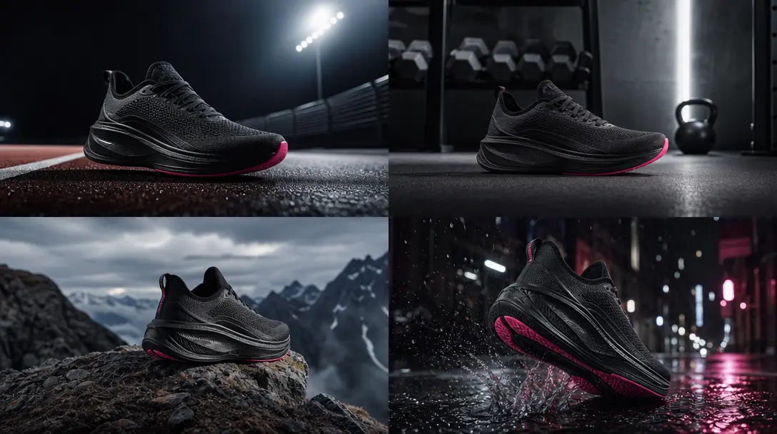 Four distinct campaign environments arranged as a refined editorial contact sheet without borders: night track, minimal
