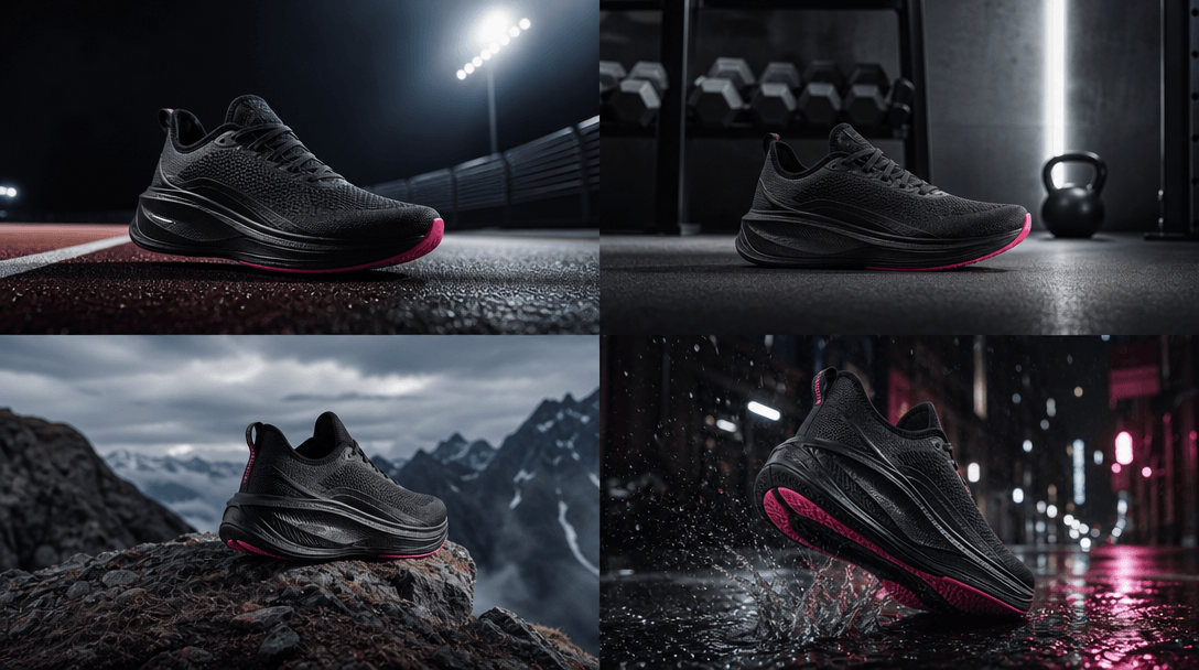 Four distinct campaign environments arranged as a refined editorial contact sheet without borders: night track, minimal