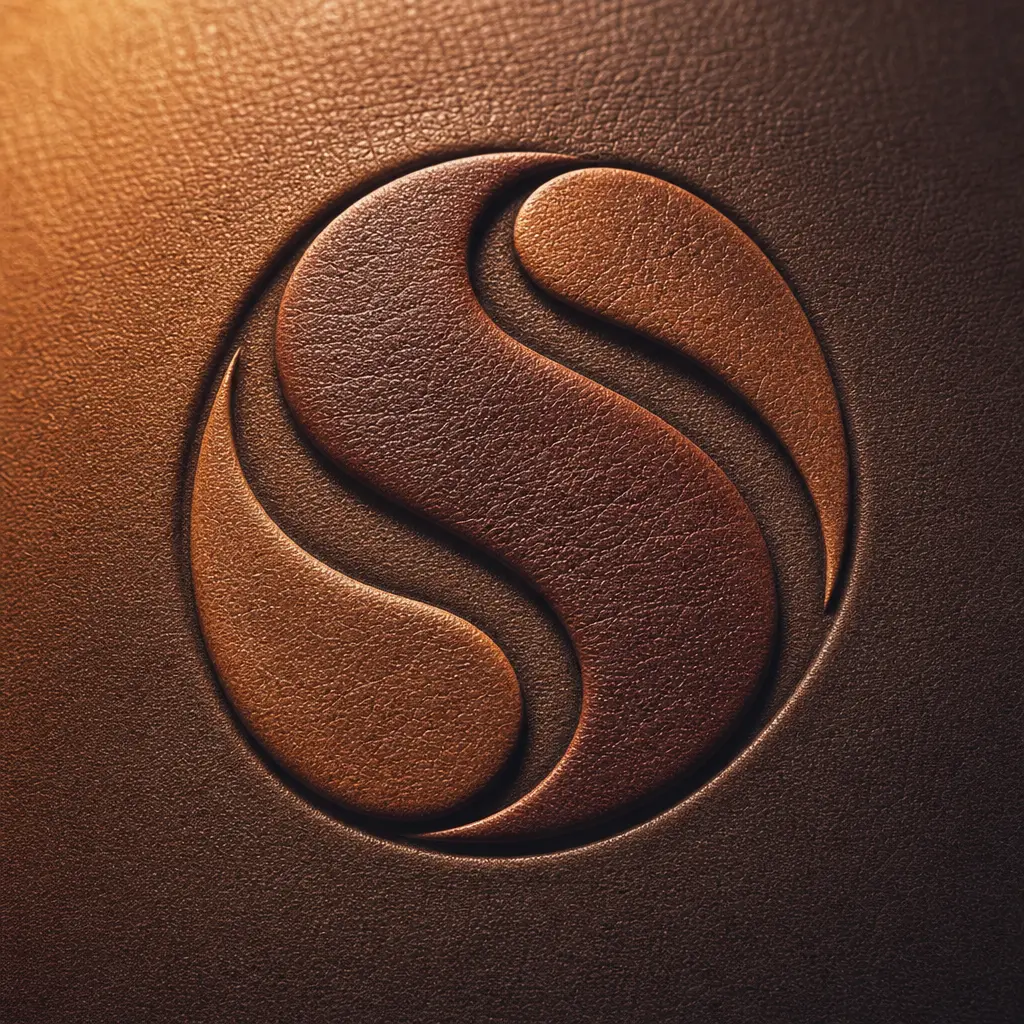 Organic curved logo with rich leather texture detail, warm studio lighting showing surface grain and dimensional relief
