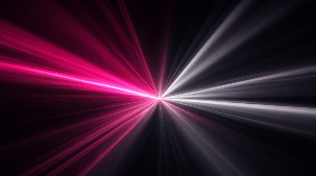 Abstract visualization of multiple light beams converging into a single focal point — rays of hot pink, soft white, and