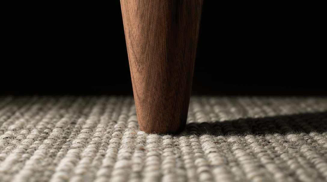 Extreme macro detail of interior compositing quality: the tapered leg of a solid walnut side table meeting a hand-knotte