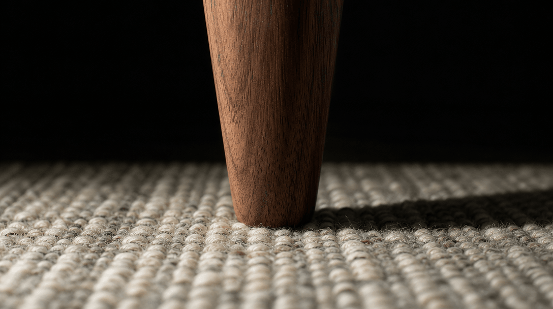 Extreme macro detail of interior compositing quality: the tapered leg of a solid walnut side table meeting a hand-knotte