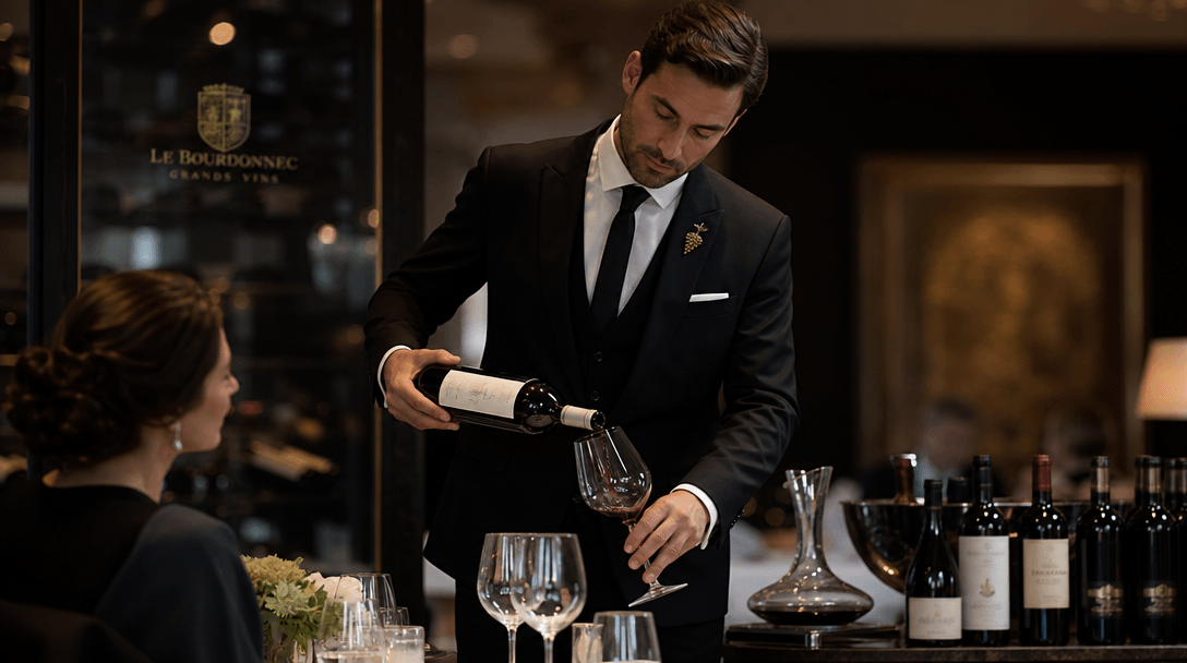 Sommelier in formal attire, professional service moment, refined movement, high-end restaurant aesthetic, hospitality se