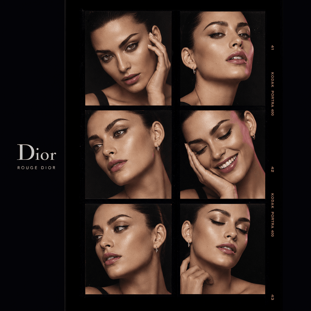 A premium beauty campaign interpretation of a six-frame photobooth strip, anonymous adult model with elegant makeup and