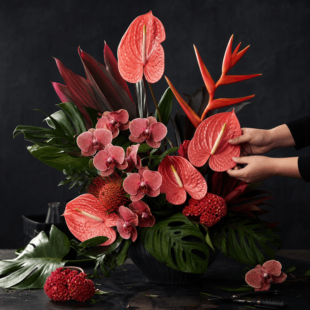 Modern tropical flower arrangement with anthuriums, orchids, sculptural leaves, and vivid coral accents in a refined stu