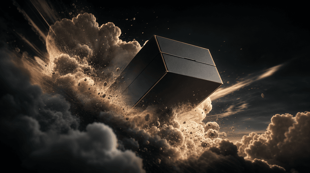 A single premium product box breaking through a sculpted cloud formation as if becoming the hero of an action film, ribb